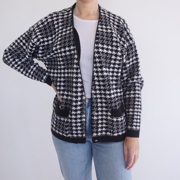 Vintage Tradition Sears Black White Knit Houndstooth Button Cardigan Sweater XL - Picture 1 of 11